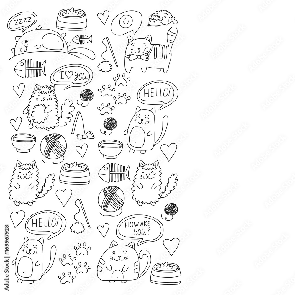 Cute doodle cats, kitty Domestic cats Vector sets with cute kittens for pet shop, cattery, veterinary clinic Doodle pattern for banner, poster, textile Children kids drawing for kindergarten Cute doodle cats, kitty Domestic cats Vector sets with cute kittens for pet shop, cattery, veterinary clinic Doodle pattern for banner, poster, textile Children kids drawing for kindergarten