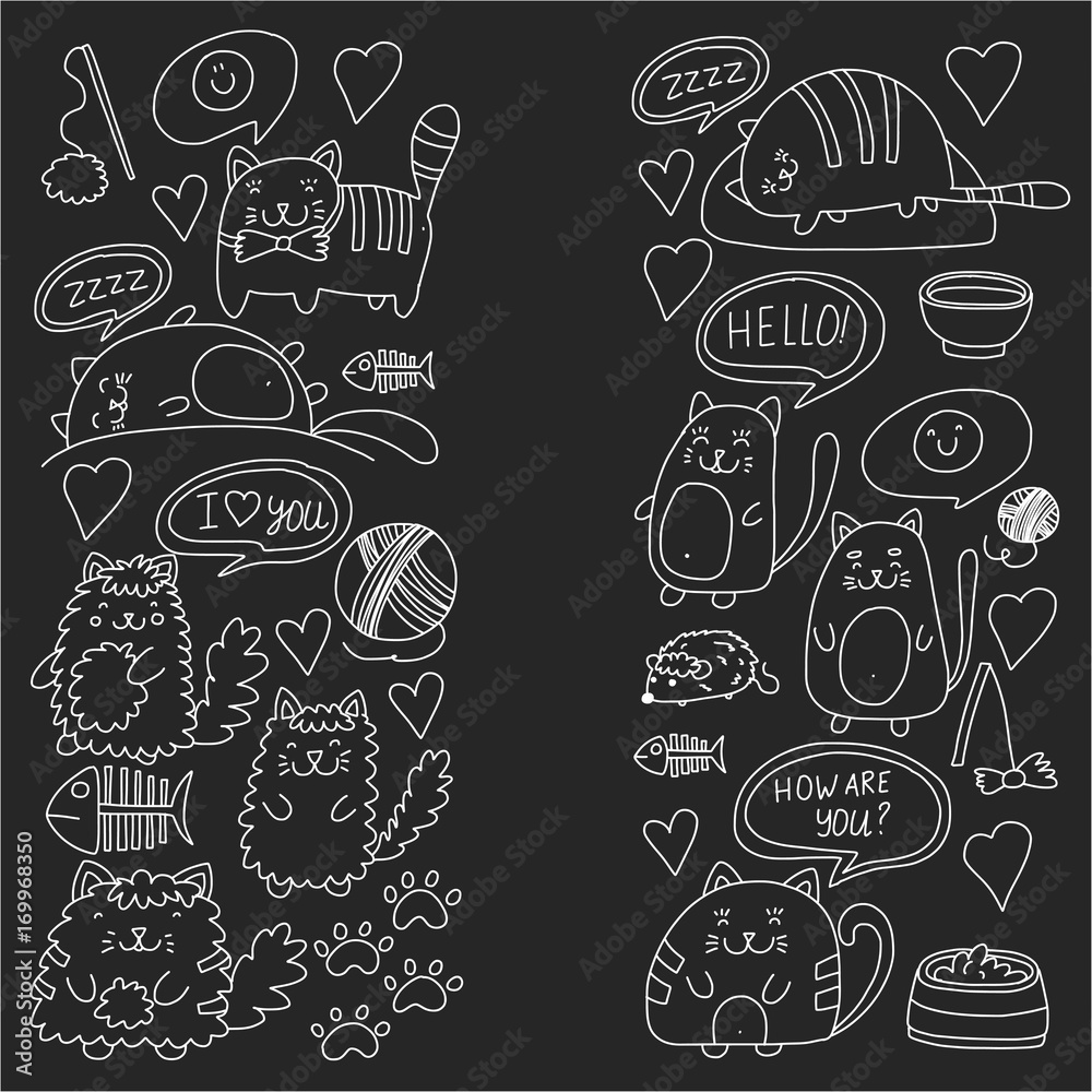 Cute doodle cats, kitty Domestic cats Vector sets with cute kittens for pet shop, cattery, veterinary clinic Doodle pattern for banner, poster, textile Children kids drawing for kindergarten