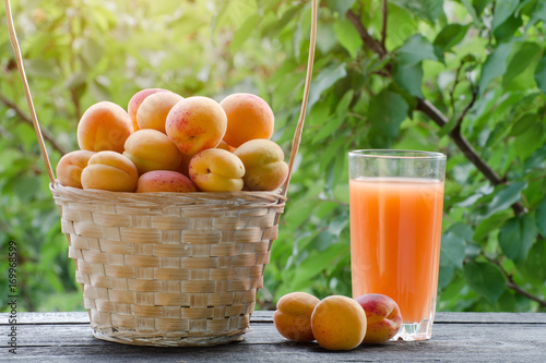 Apricots in a wicker basket and a glass of juice on a table against the background of green branches, daylight
