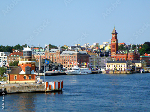 Picturesque cityscape of Helsingborg view from the ferry on The Sound or Oresund strait, Helsingborg, Sweden 