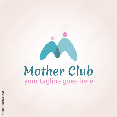 Two intersecting figures of people forming the letter M. Vector logo template for mother club, care during pregnancy, protection or pregnancy support. EPS10. Creative logotype.