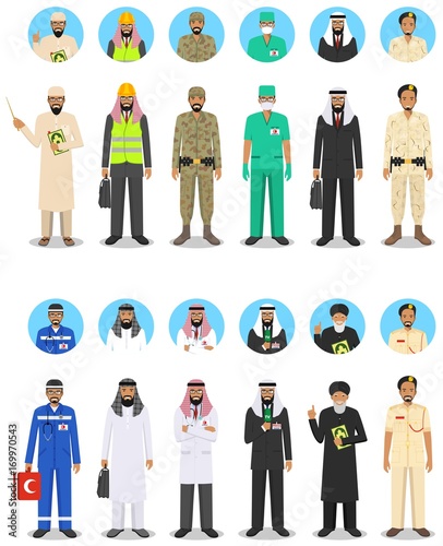 Different muslim Middle East people professions occupation characters man set in flat style. Set of avatars icons. Templates for infographic, sites, banners, social networks. Vector illustration.