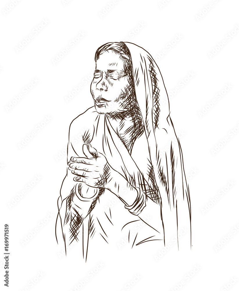 Sketch of Hindu prayer lady with sari in vector illustration. Stock Vector  | Adobe Stock