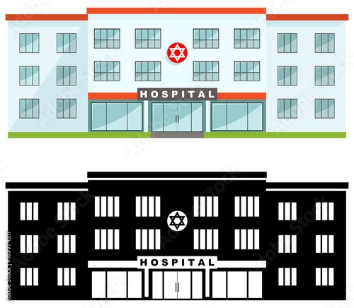 Medical concept. Different kind jewish hospital building isolated on white background in flat style: colored and black silhouette. Vector illustration.