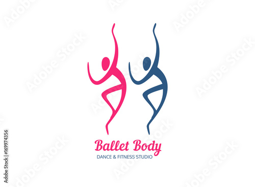 Dance icon concept. Ballet studio logo design template. Fitness dance class banner background with symbol of abstract people ballerina and dancer in dancing poses. Vector illustration.