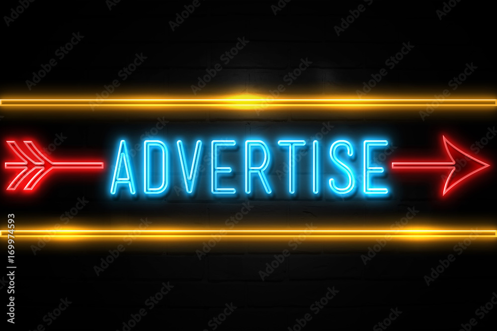 Advertise  - fluorescent Neon Sign on brickwall Front view