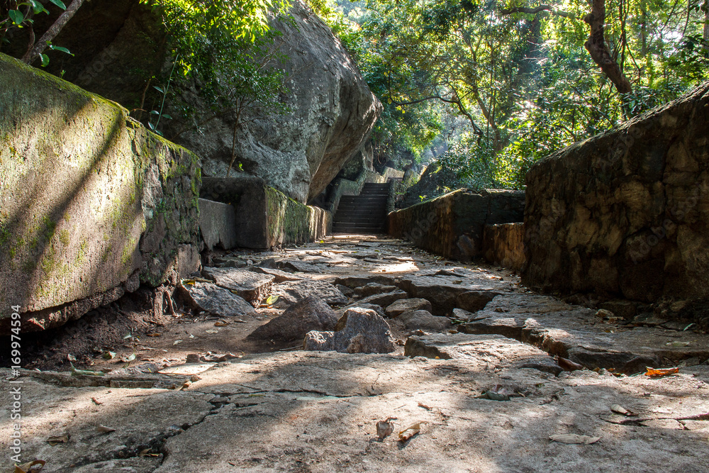 Shady staircase to Dambulla cave temple, Sri Lanka Shady staircase to Dambulla cave temple, Sri Lanka