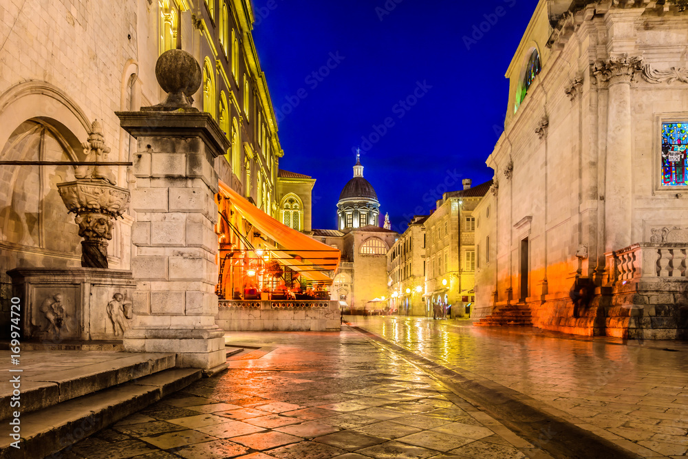 Dubrovnik old streets night. / Night view at old streets in city center of town Dubrovnik, Croatia.
