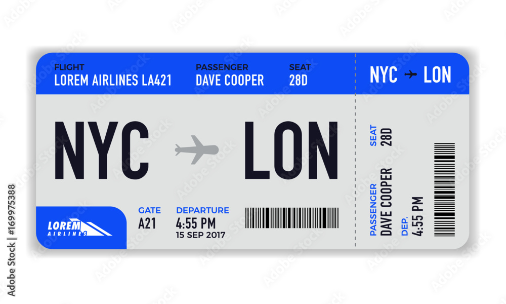 Modern and realistic airline ticket design with flight time and passenger name. vector illustration of Boarding Pass - obrazy, fototapety, plakaty 