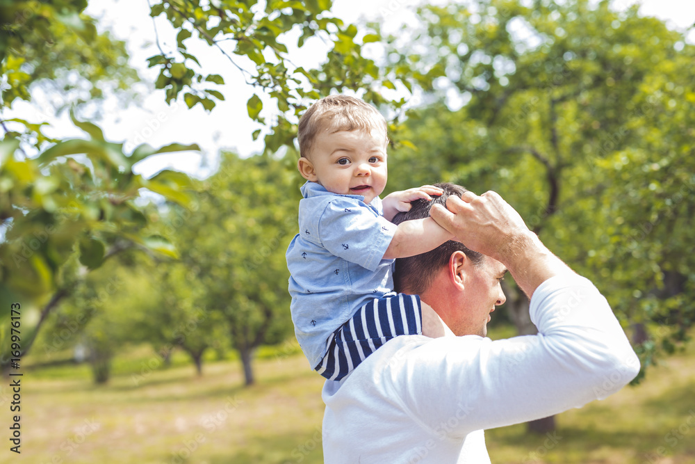 beautiful father little toddler son on the meadow. beautiful father little toddler son on the meadow.