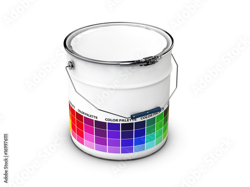 Abstract Bucket with Colored Palette Guide, 3d Illustration photo