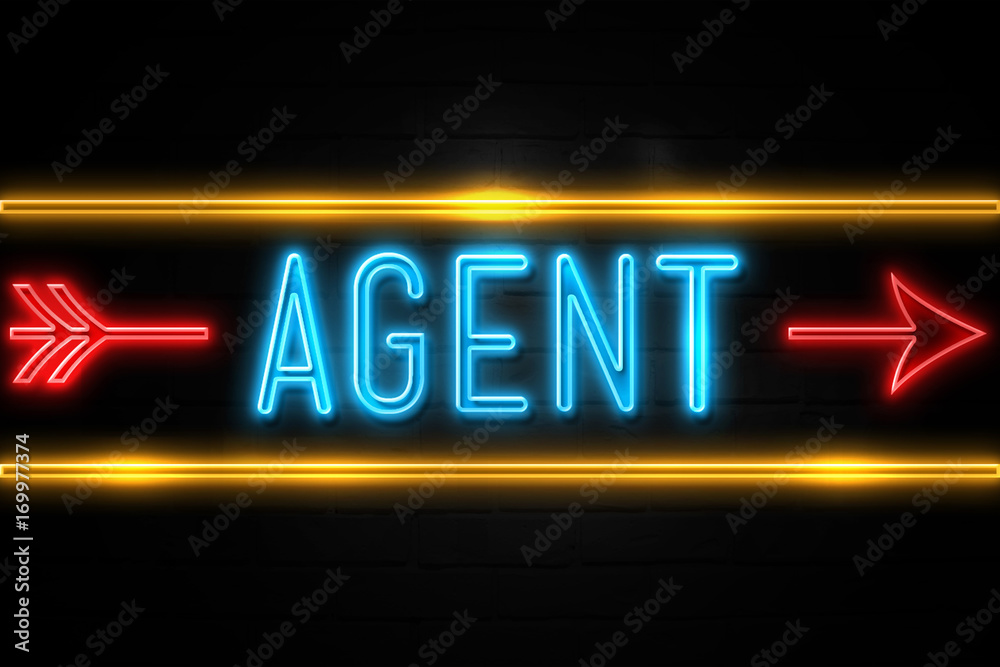 Agent - fluorescent Neon Sign on brickwall Front view Agent - fluorescent Neon Sign on brickwall Front view