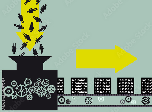 Conceptual illustration of a machine, converting  symbols of people into blocks of information, EPS 8 vector illustration 