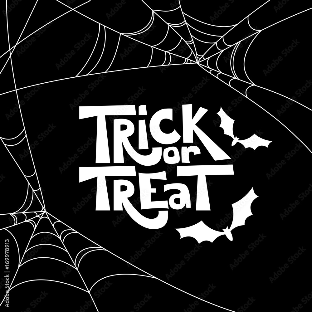 Fototapeta premium Trick or treat isolated quote and Halloween design elements. Vector holiday black and white illustration. Hand drawn doodle letters, bat and spiderweb for poster, greeting card, print or banner.
