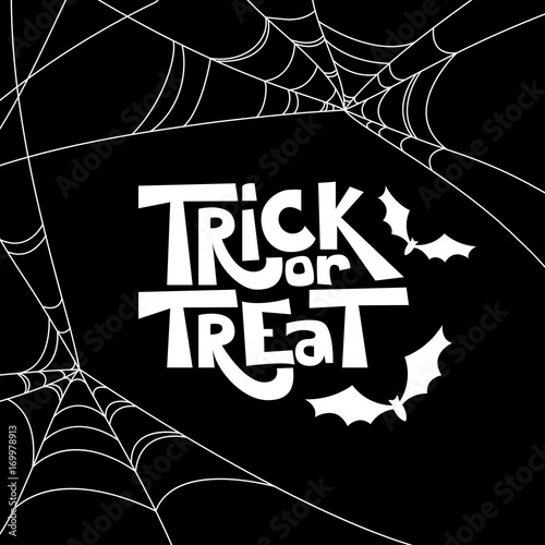 Trick or treat isolated quote and Halloween design elements. Vector holiday black and white illustration. Hand drawn doodle letters, bat and spiderweb for poster, greeting card, print or banner. photo