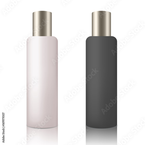 Mock up cosmetic white and black bottles with silver lid for cream soap gel shampoo etc. Beauty product package template, vector illustration.