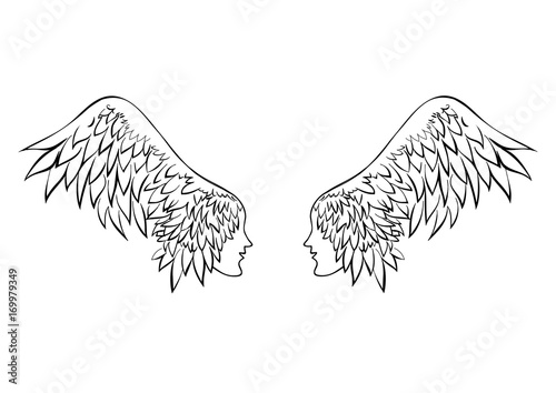 Two wings with human faces. Couple in love.