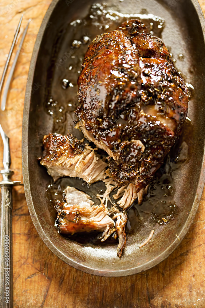 Slow cooked lamb shoulder with honey & balsamic glaze Stock Photo
