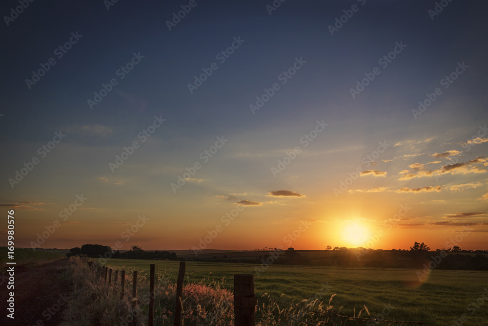 Sunset Over Rural Countryside in Brazil. Farm Concept Image.