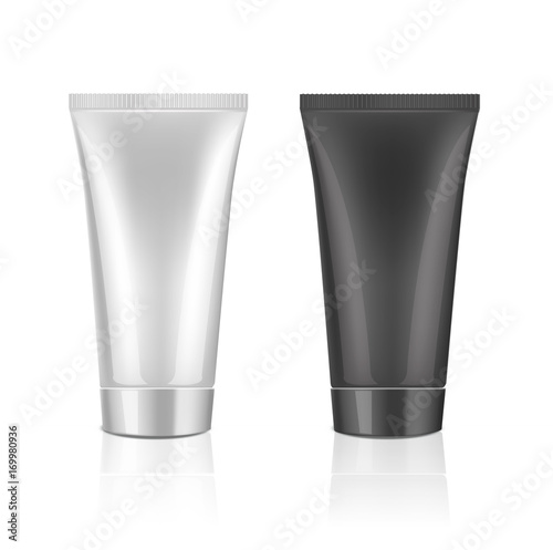 Mock up cosmetic tube template for cream, gel, liquid, shampoo, foam. White and black colors on a white background. Beauty product package, vector illustration.