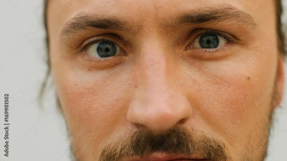 Close up portrait of attractive happy caucasian man with beard looking to the camera on white background.
