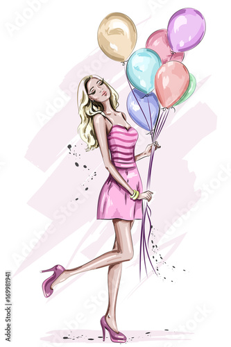 Beautiful young woman with colorful birthday balloons. Stylish cute blonde hair girl in pink dress. Hand drawn woman in fashion clothes. Sketch. Vector illustration.
