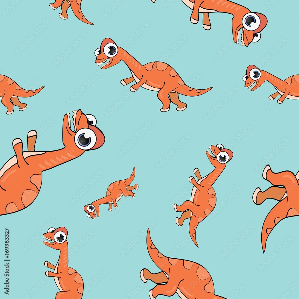 Naklejka premium Funny cartoon dinosaur seamless pattern. Vector illustration