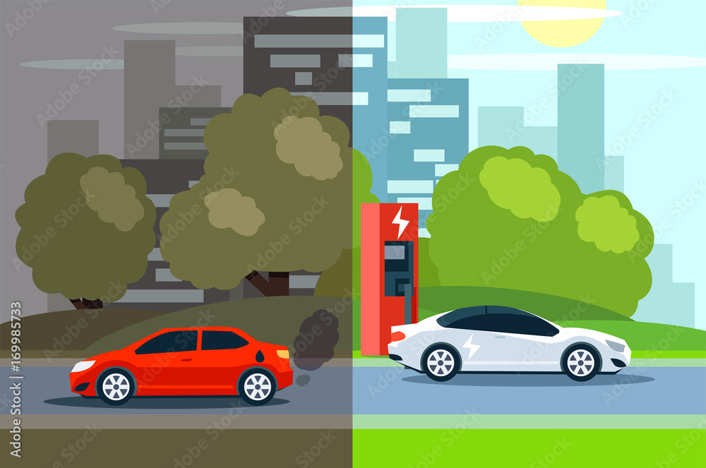 Illustration of comparison between electric environmentally friendly and gas polluting car.