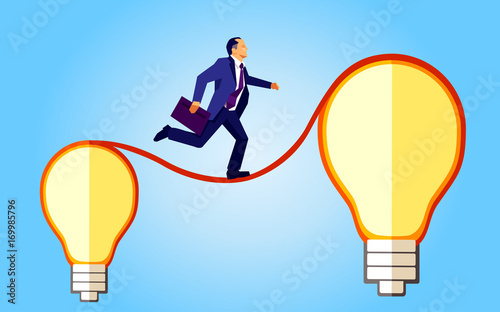 Businessman running from a small light bulb idea to a big one on a blue sky background