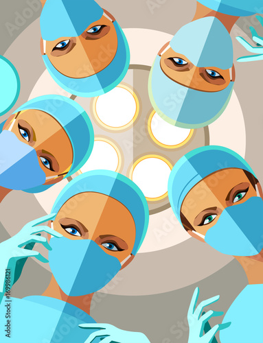 Four female surgeons in gloves and masks are looking at you patient