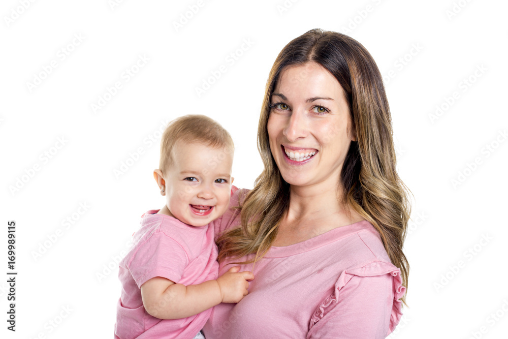 portrait of a mother with baby isolated on white portrait of a mother with baby isolated on white