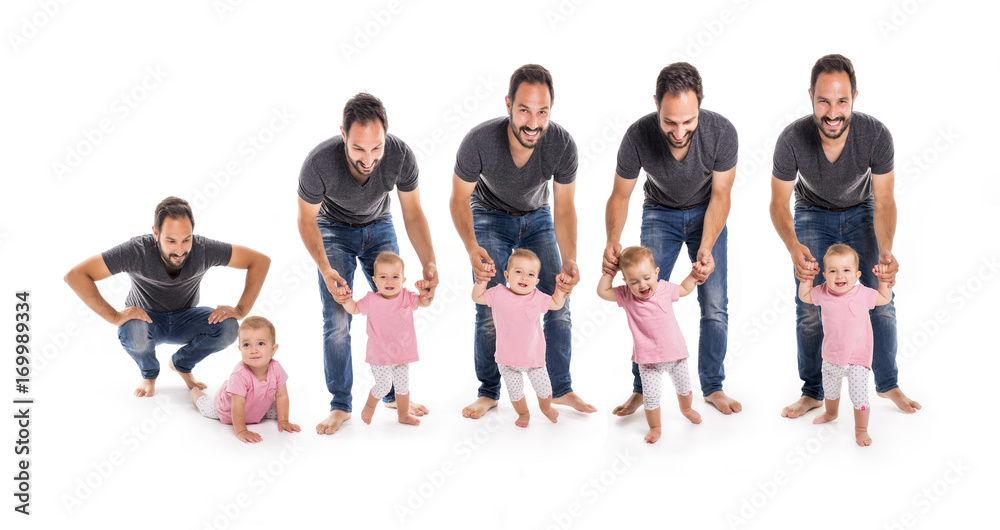 Happy Father walking with daughter isolated on white background