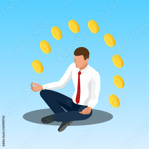 Young yoga position businessman relaxing. Businessman sitting in padmasana lotus pose. Isometric illustration
