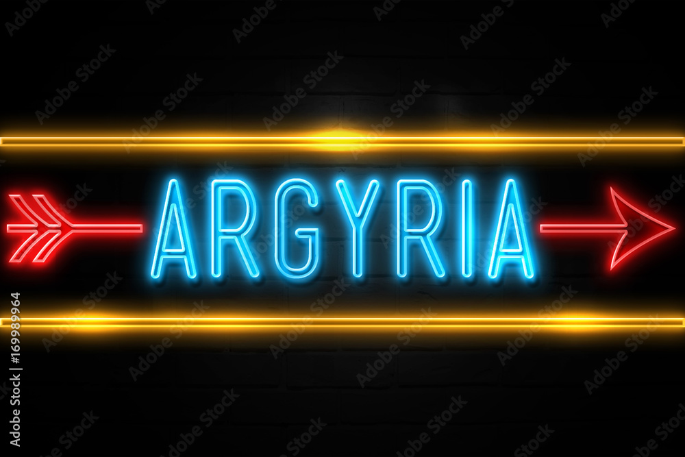 Fototapeta premium Argyria - fluorescent Neon Sign on brickwall Front view