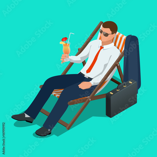 Businessman relaxing on his sun lounger on the beach. Isometric people. Business idea, innovation, development and strategy vector
