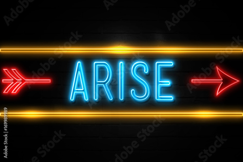 Tablou pe pânză Arise  - fluorescent Neon Sign on brickwall Front view