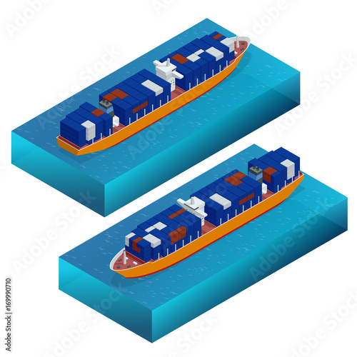 Isometric container ship. Cargo vessel. Detailed cargo ship vector isolated. Global cargo shipping concept. Ferry ship
