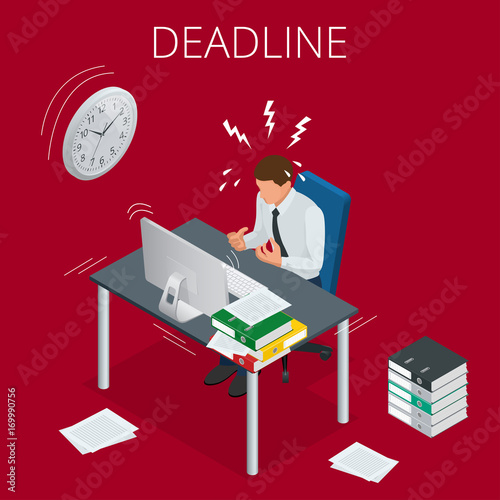 Deadline Concept of overworked man Time to work Time management project plan schedule Sand clock Flat 3d vector isometric illustration