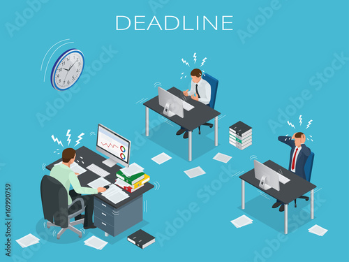 Deadline Concept of overworked man Time to work Time management project plan schedule Sand clock Flat 3d vector isometric illustration