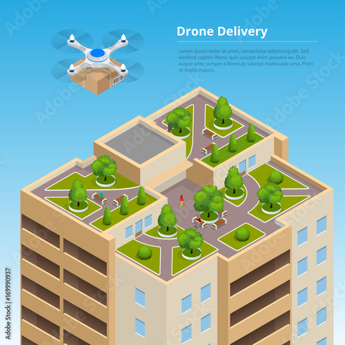 Isometric Drone Fast Delivery of goods in the city. Technological shipment innovation concept. Autonomous logistics.