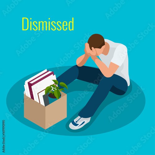 Isometric 3d vector illustration people Dismissed sad man carrying box with her things Dismissal, Unemployment, jobless and employee job reduction concept