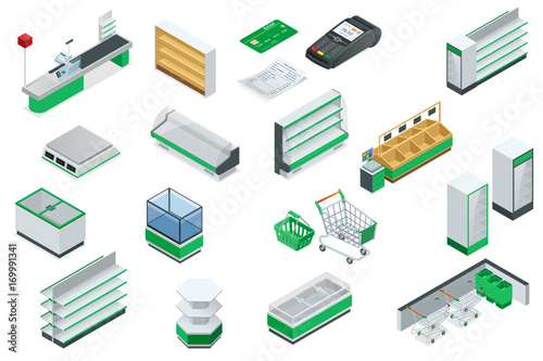 Vector isometric supermarket interior plan.