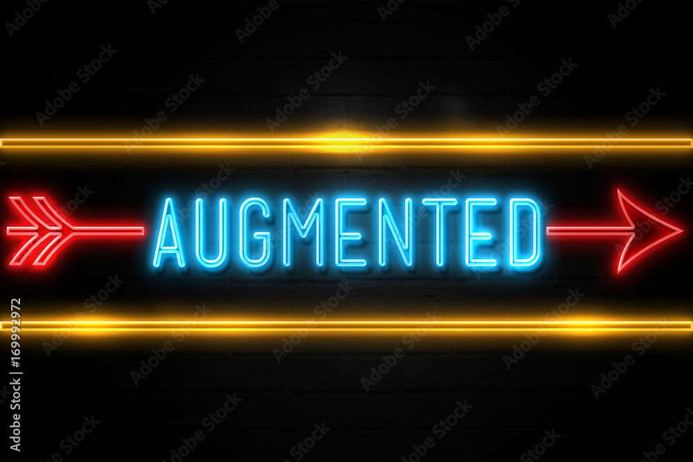 Augmented - fluorescent Neon Sign on brickwall Front view Augmented - fluorescent Neon Sign on brickwall Front view