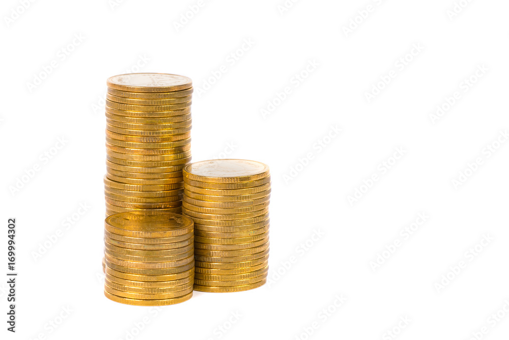 Columns of gold coins, piles of coins on white background Columns of gold coins, piles of coins on white background