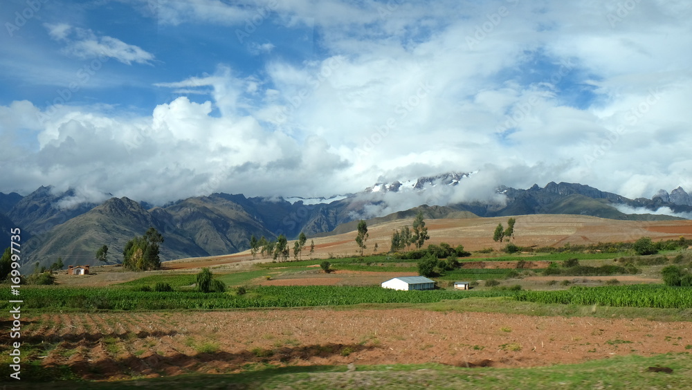 Farms and field in the Sacred Valley, a region in Peru's Andean highlands.