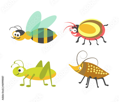 Friendly wasp, ridiculous beetle, vigorous grasshopper and bug with carapace