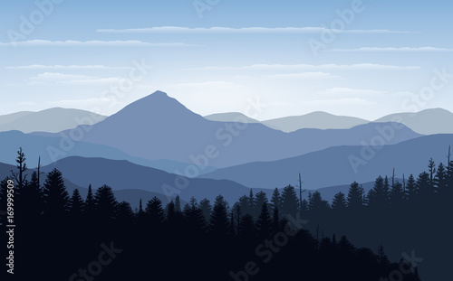 Vector illustration, Landscape view with sunset, sunrise, the sky, clouds,  mountain peaks, and forest. for the website background