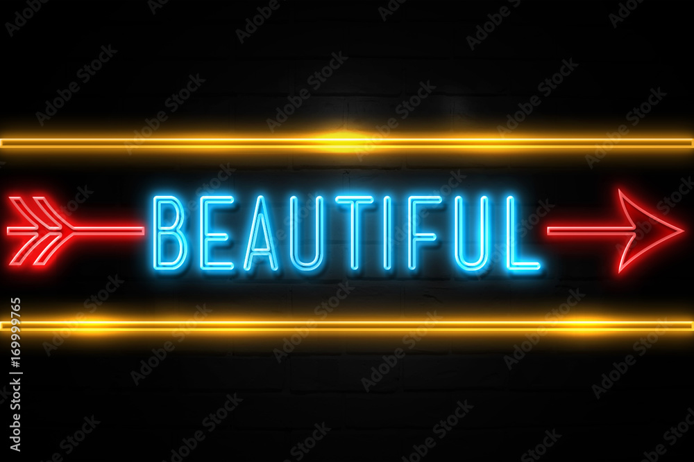 Fototapeta premium Beautiful - fluorescent Neon Sign on brickwall Front view