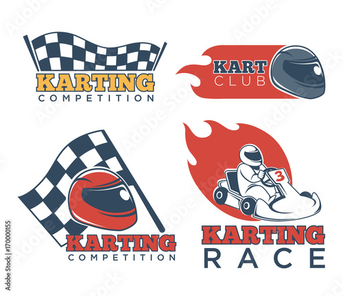 Karting race club and competition promotional emblems set