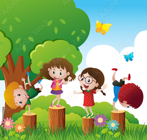 Happy children play in park